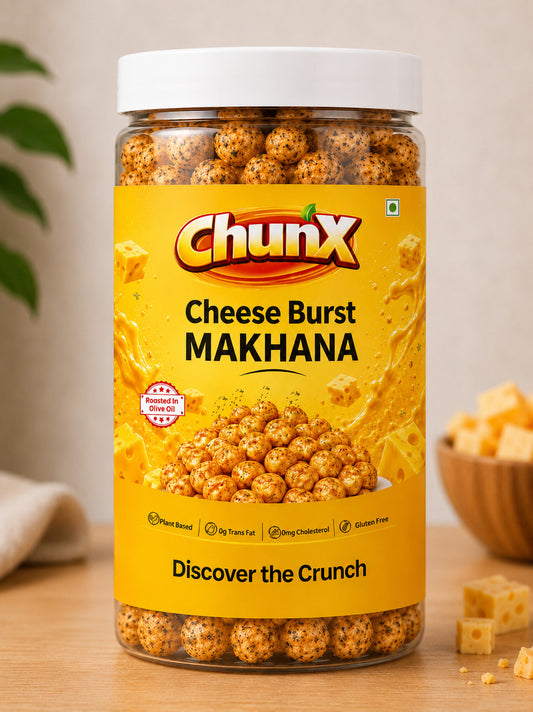 Cheese Burst Roasted Makhana | Crispy Cheese Flavoured Foxnuts Snack | Made with Roasted Makhana, Olive Oil, Milk Solids & Herbs, 0% Palm Oil, Contains Peanut | Light & Crunchy Anytime Snack | 78g