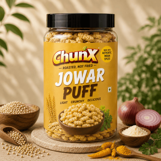 Jowar Puff | Healthy Millet Snack | Made with Jowar Flour, Olive Oil & Indian Spices, 0% Palm Oil, Contains Peanut | Crispy & Light Snack | Guilt Free, 120g