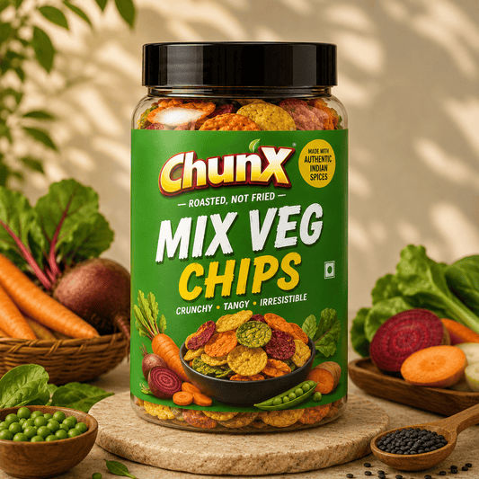 Mix Veg Chips | Light & Crunchy Veggie Snack | Made with Mix Veg Flour, Rice Bran Oil & Indian Spices, 0% Palm Oil, Contains Peanut | Guilt Free, 150g